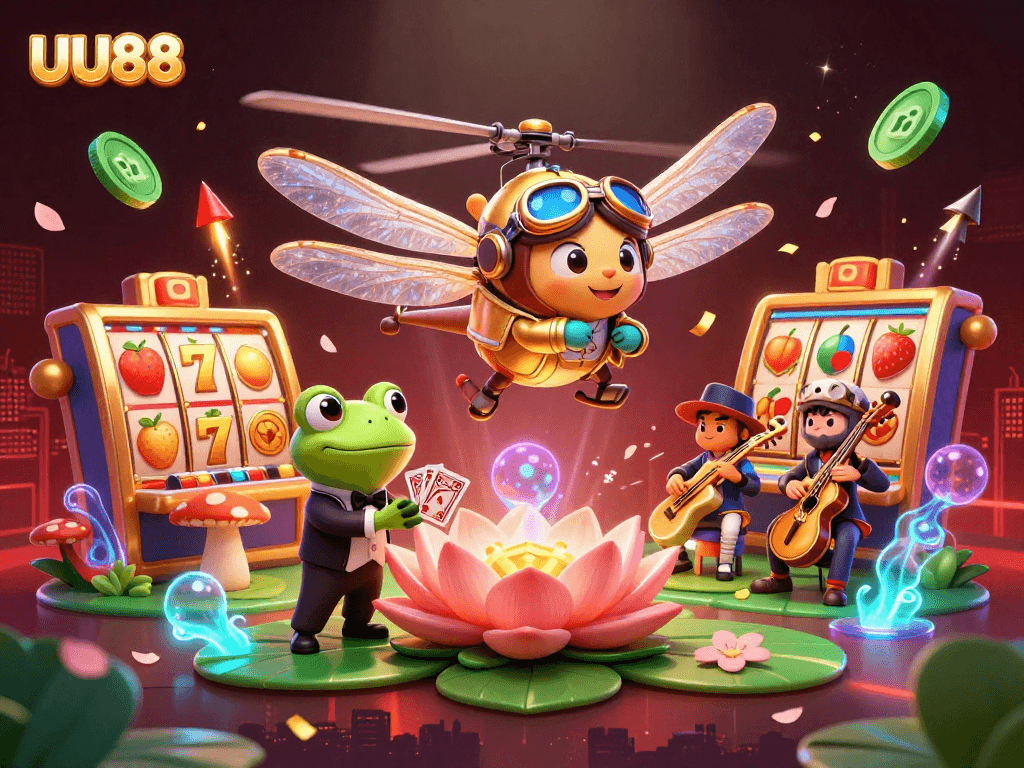 Experience the excitement of UU88 as a dragonfly pilot navigates a vibrant casino scene full of games.