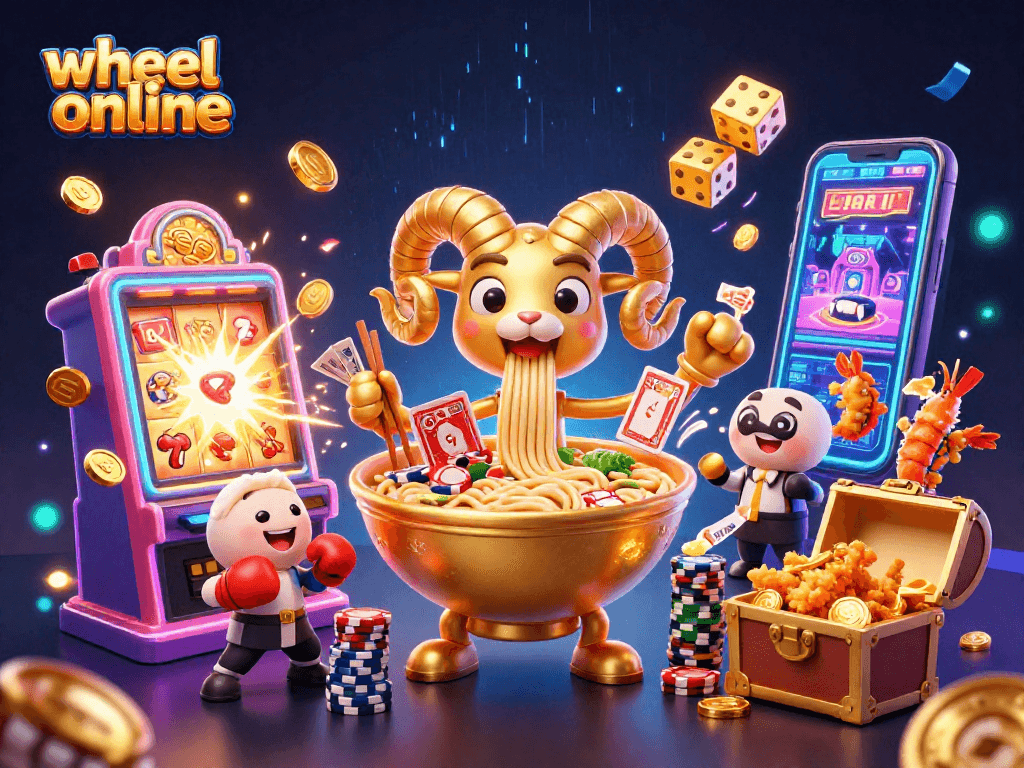 Engage with wheel online in a vibrant casino scene featuring a giant ramen bowl dealing cards.