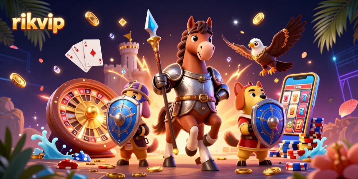 Experience the thrill of rikvip gaming with a dynamic scene featuring medieval characters and rich casino elements.