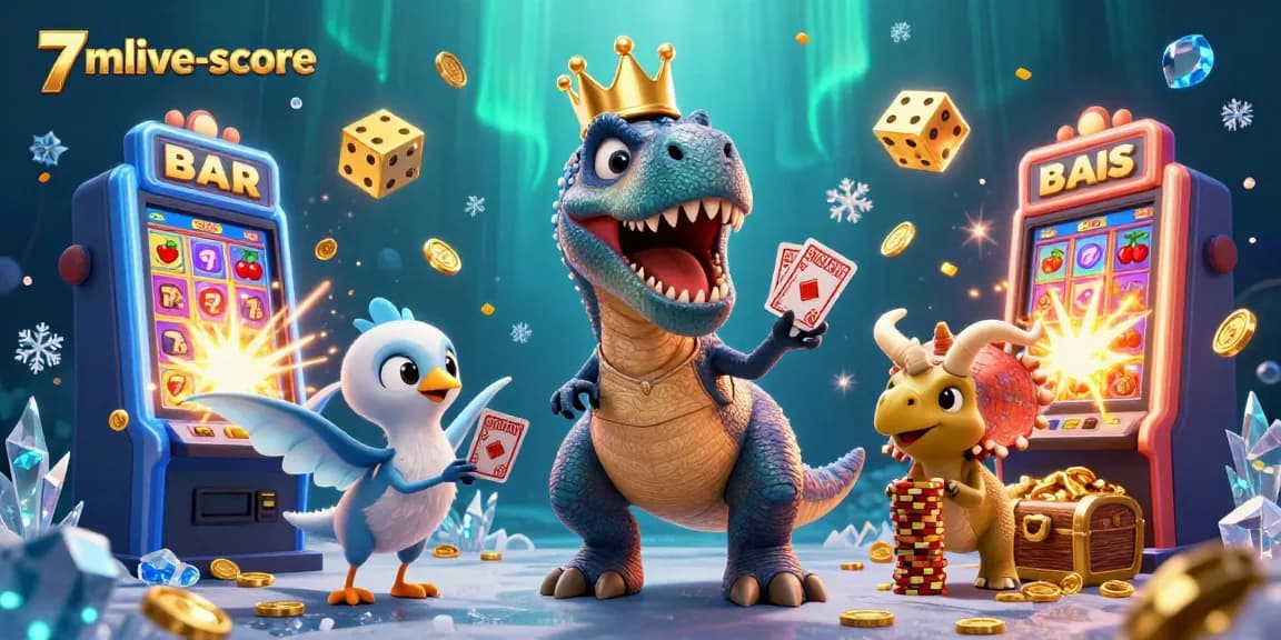 Experience jackpot thrills with 7mlive-score as T-Rex and friends shuffle cards in a vibrant casino scene.