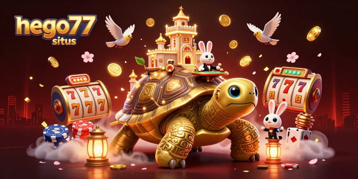 Engage with the action of the nego77 situs featuring a vibrant 3D illustration of a golden tortoise casino scene.