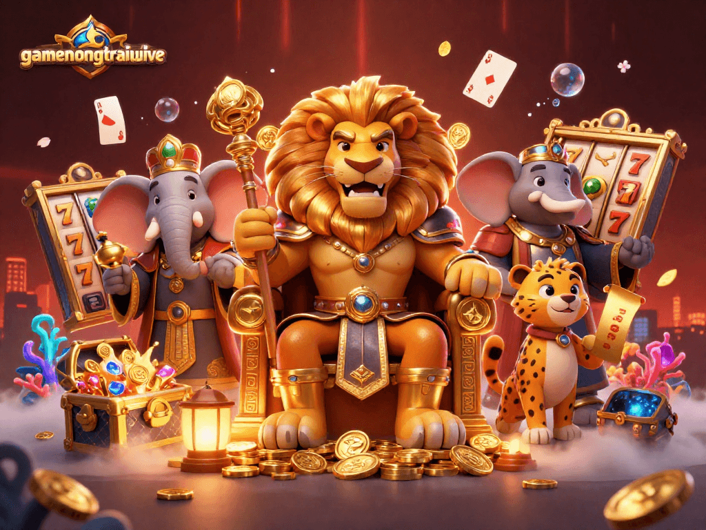Engaging gamenongtraivuive illustration featuring a regal lion king, elephant advisor, and cheetah messenger in a vibrant casino.