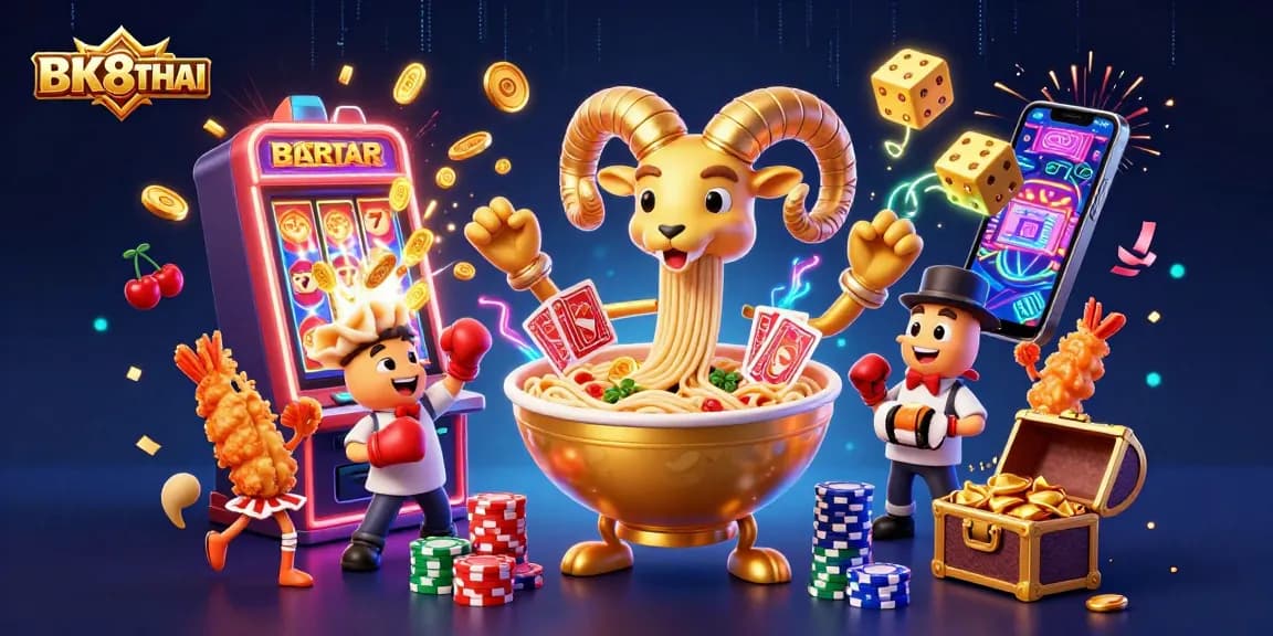 Experience the excitement of BK8THAI with a vibrant casino scene featuring dynamic characters and a jackpot explosion.