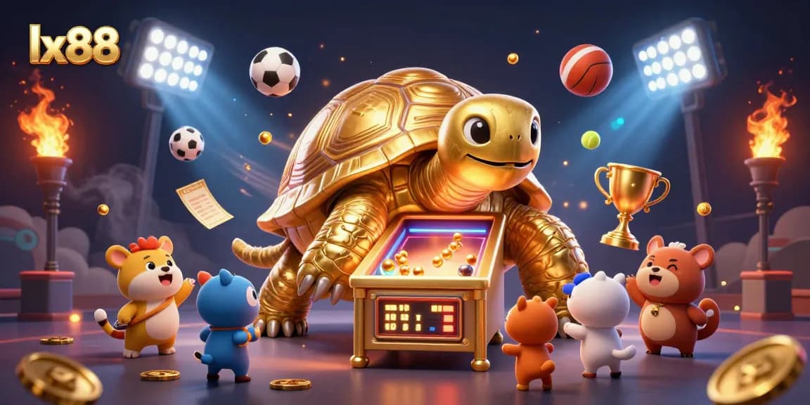 Experience the thrill with lx88 as excited animals await to play on a golden tortoise pinball machine surrounded by vibrant sports elements.