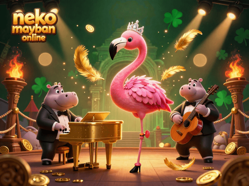 Experience excitement with neko may mắn online as flamingo and hippo perform amidst casino magic.
