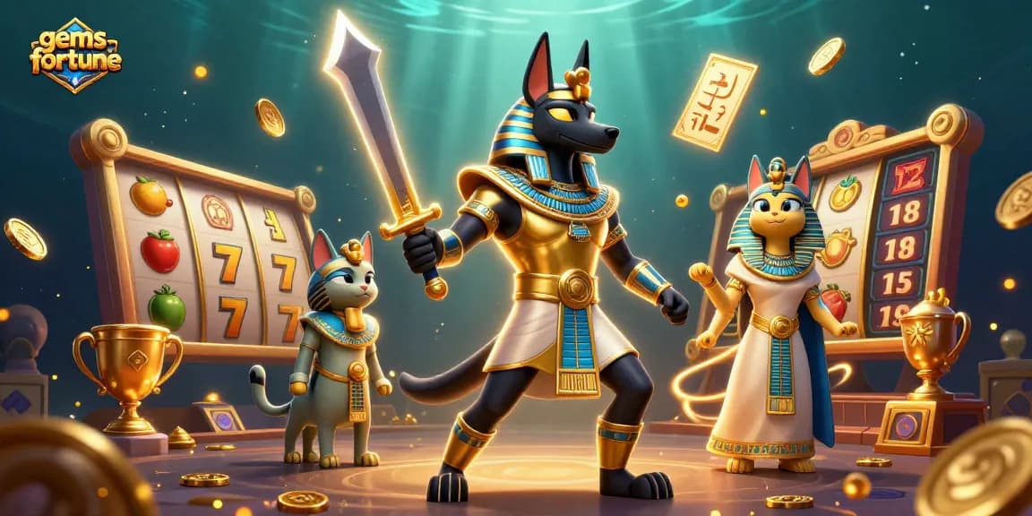 Spin the reels and discover gems-fortune with Anubis and Bastet amidst golden glory.