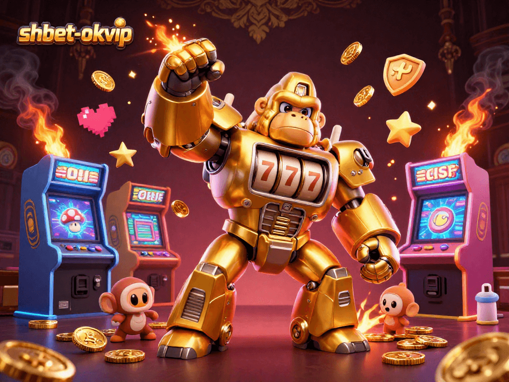 Experience thrilling gaming action at shbet-okvip with a dynamic 3D casino illustration showcasing a golden gorilla mech.