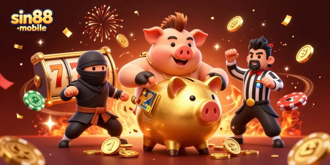 Experience winning action with sin88-mobile featuring a golden piggy bank sumo wrestler.