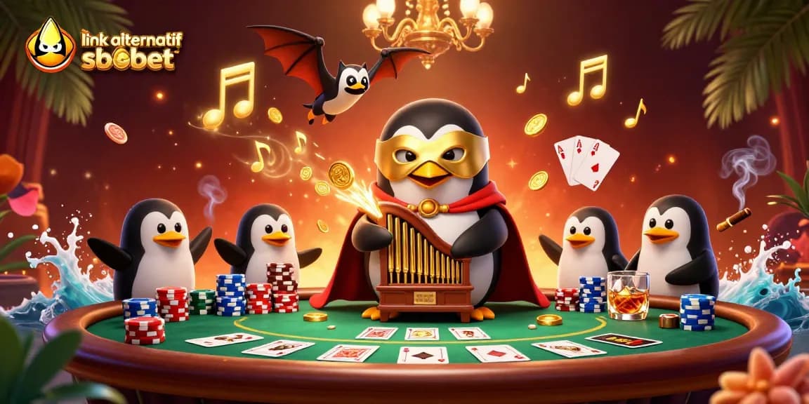 Experience the thrill of link alternatif sbobet with this vibrant illustration featuring a penguin organist surrounded by poker action.