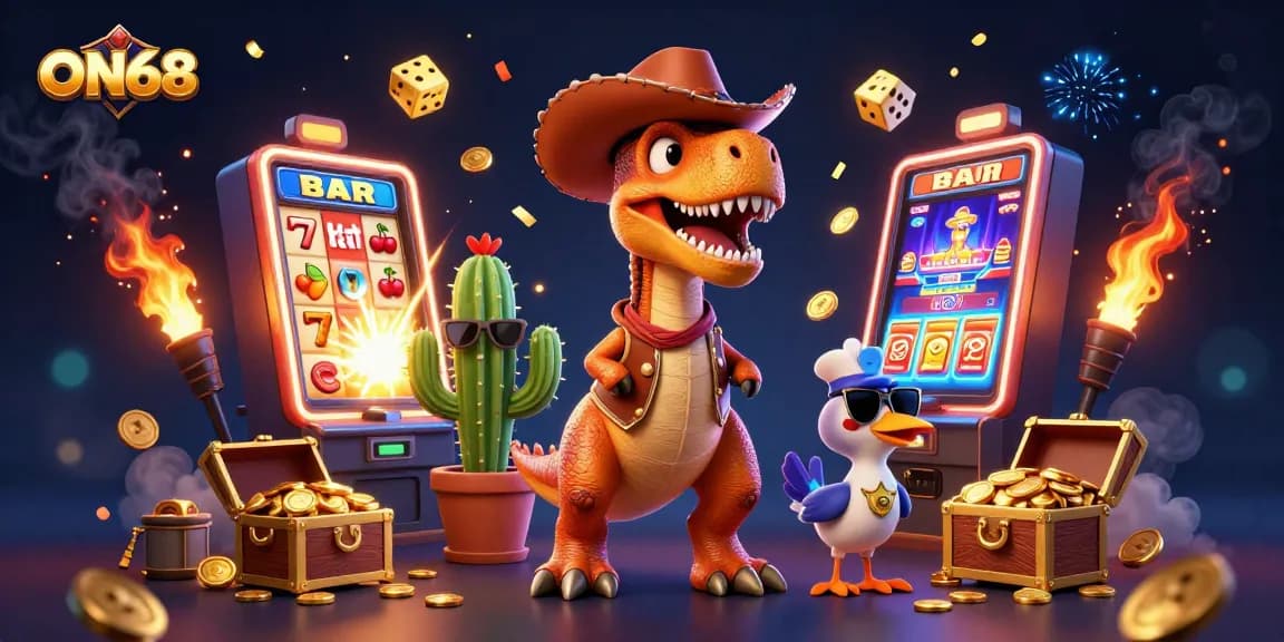 Play exciting games and win big on ON68 with a 3D illustration of a cowboy dinosaur and vibrant casino elements.