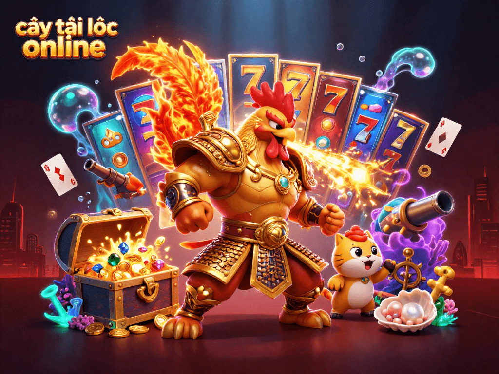 Experience the excitement of cây tài lộc online with thrilling slots as golden gems and treasures explode in this 3D illustration.