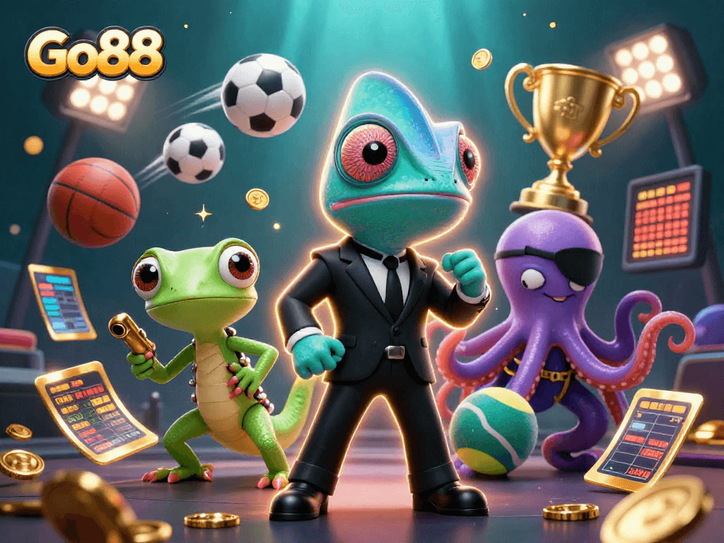Engage with Go88's thrilling sports betting realm, featuring a vibrant 3D illustration of chameleon and companions.
