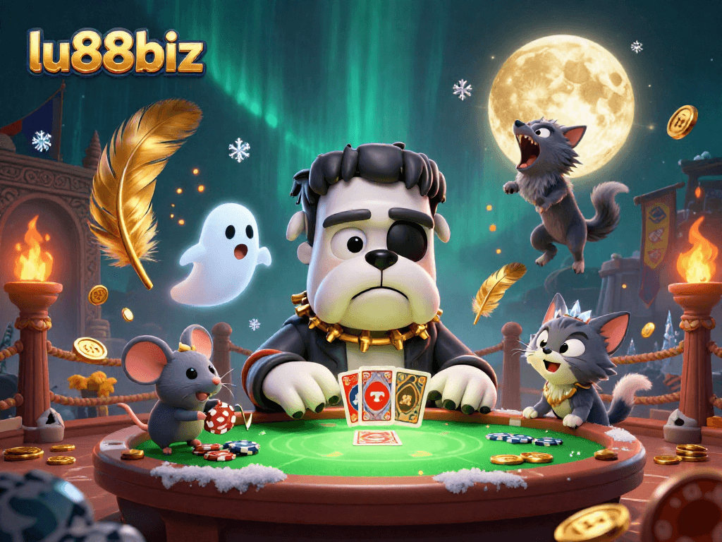 Engage in thrilling card games at lu88biz with a vibrant 3D monster casino scene featuring unique characters.