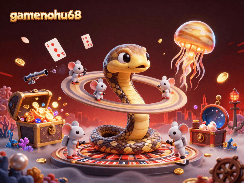 Experience thrilling gameplay at gamenohu68 with a whimsical 3D casino scene featuring vibrant characters and rich elements.