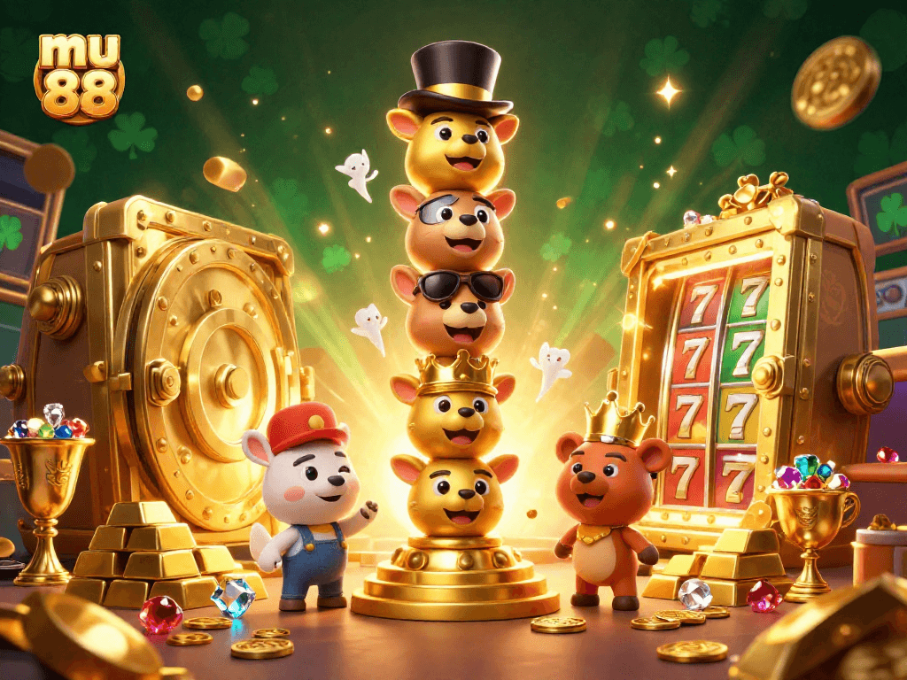 Engage with mu 88's vibrant casino atmosphere filled with fortune symbols and lively characters.