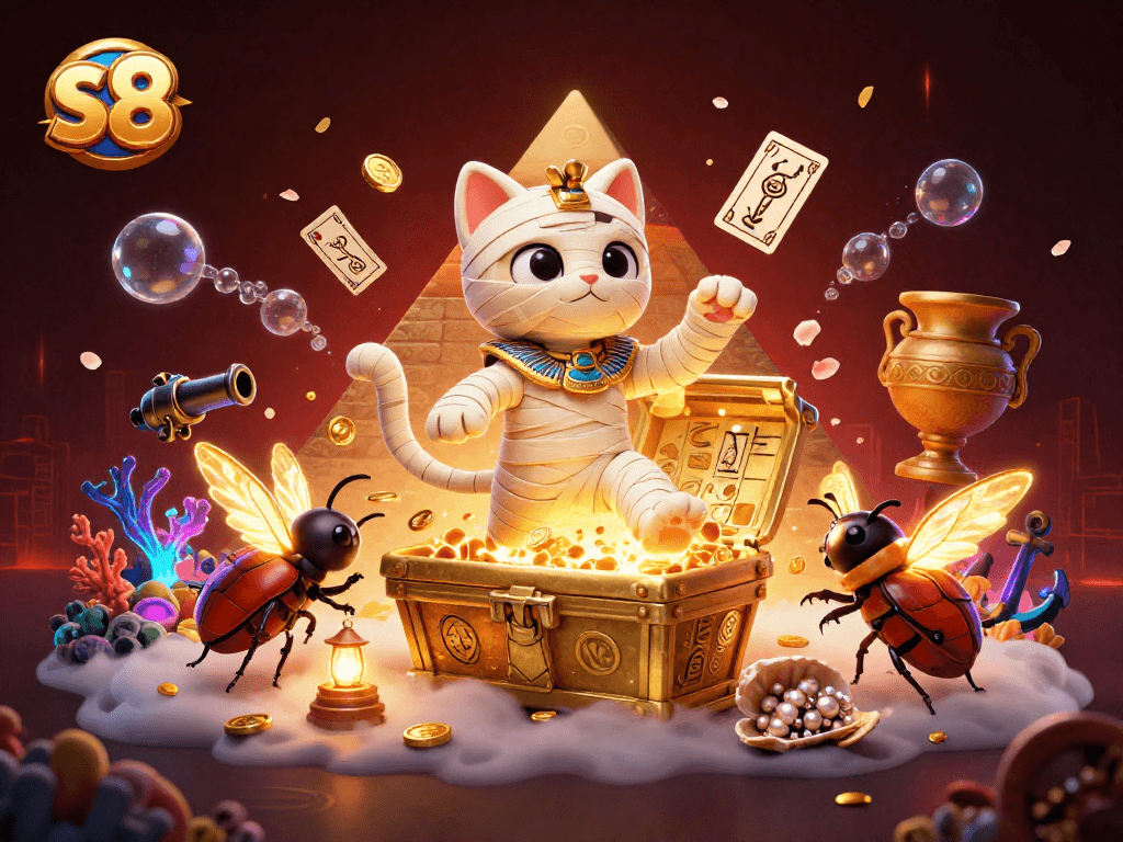 Experience captivating s8 gameplay featuring a mummy cat and scarab beetle amidst rich casino elements.