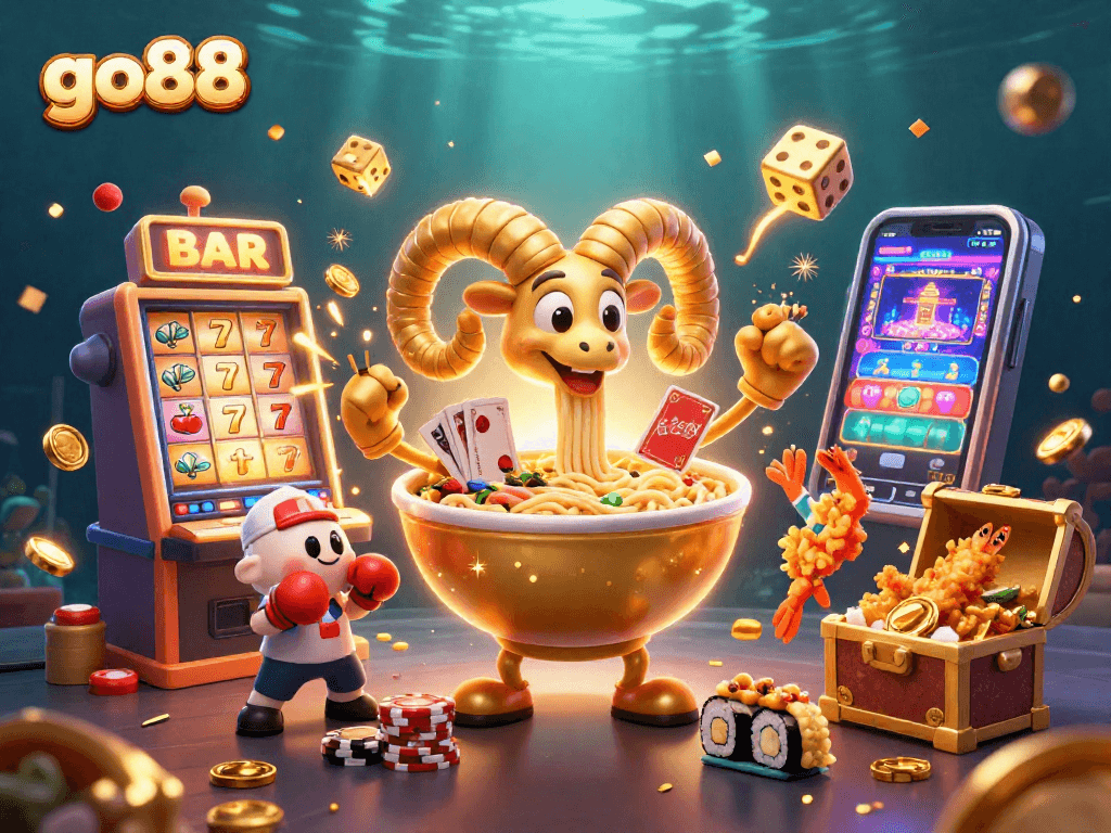 go88-themed vibrant casino scene featuring a giant ramen bowl dealer, slot machine, and celebratory characters