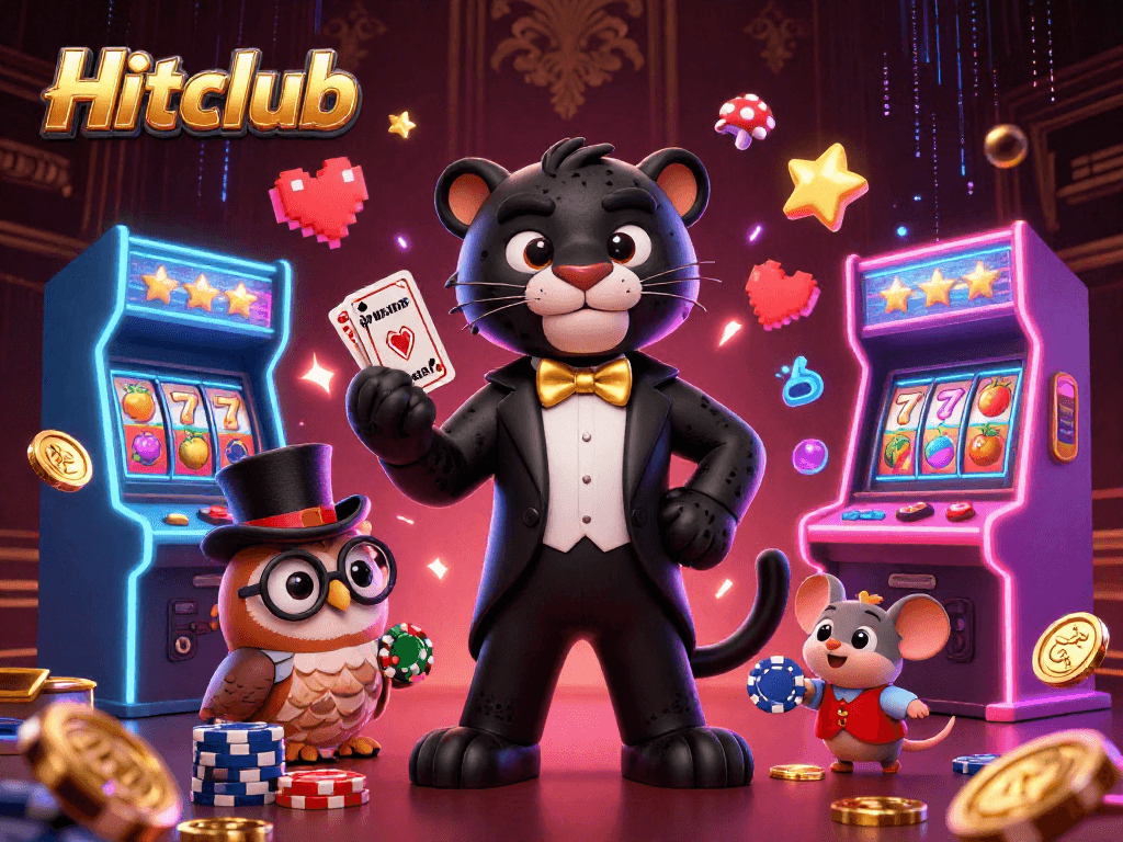 Engage in thrilling card games at Hitclub featuring a vibrant casino scene with a stylish panther dealer.