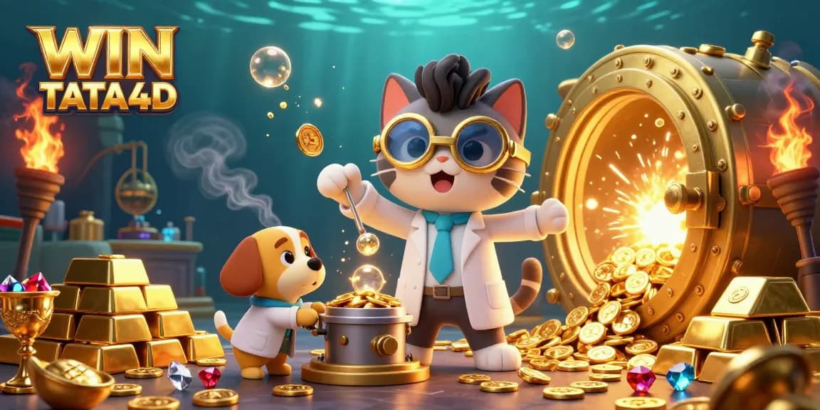 Win TATA4D showcases a playful scene with a mad scientist cat and loyal dog amidst sparkling treasures.