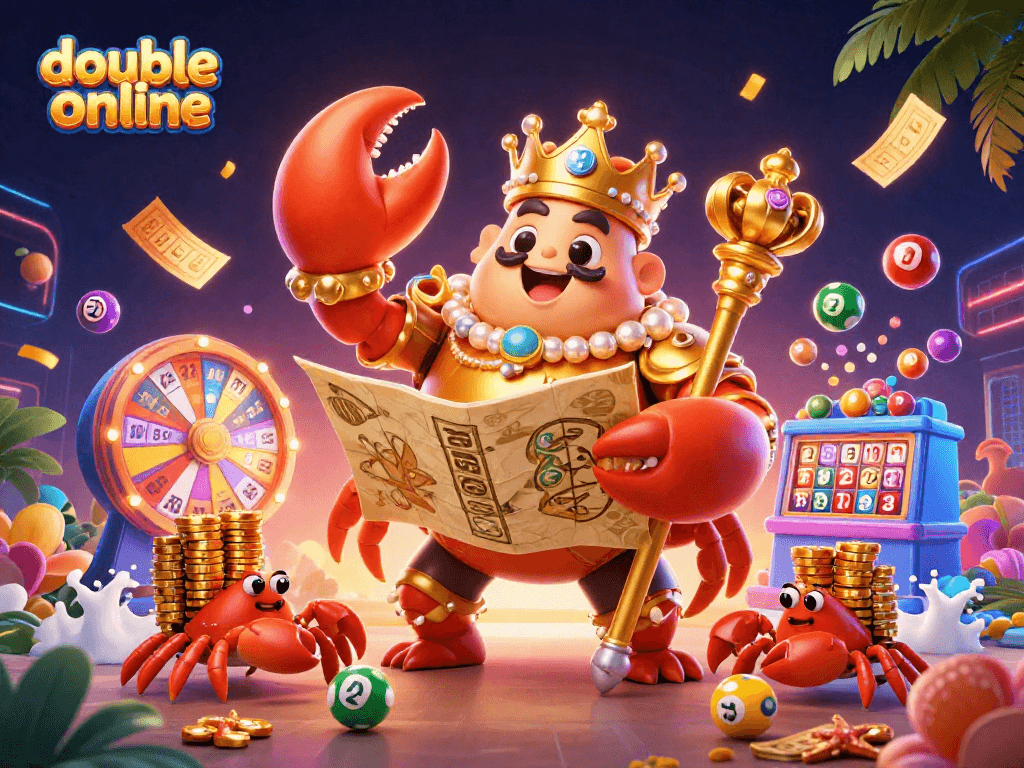Engage with double online, featuring a golden crab emperor ruling a vibrant carnival of games and prizes.