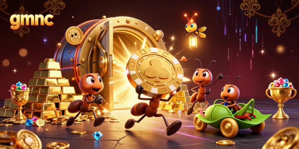 gmnc ants joyfully transporting a giant poker chip amid sparkling casino treasures