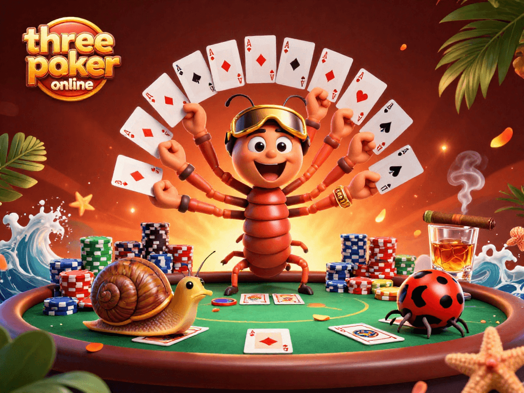 Experience three card poker online with vibrant visuals of a lively dealer and chip action.