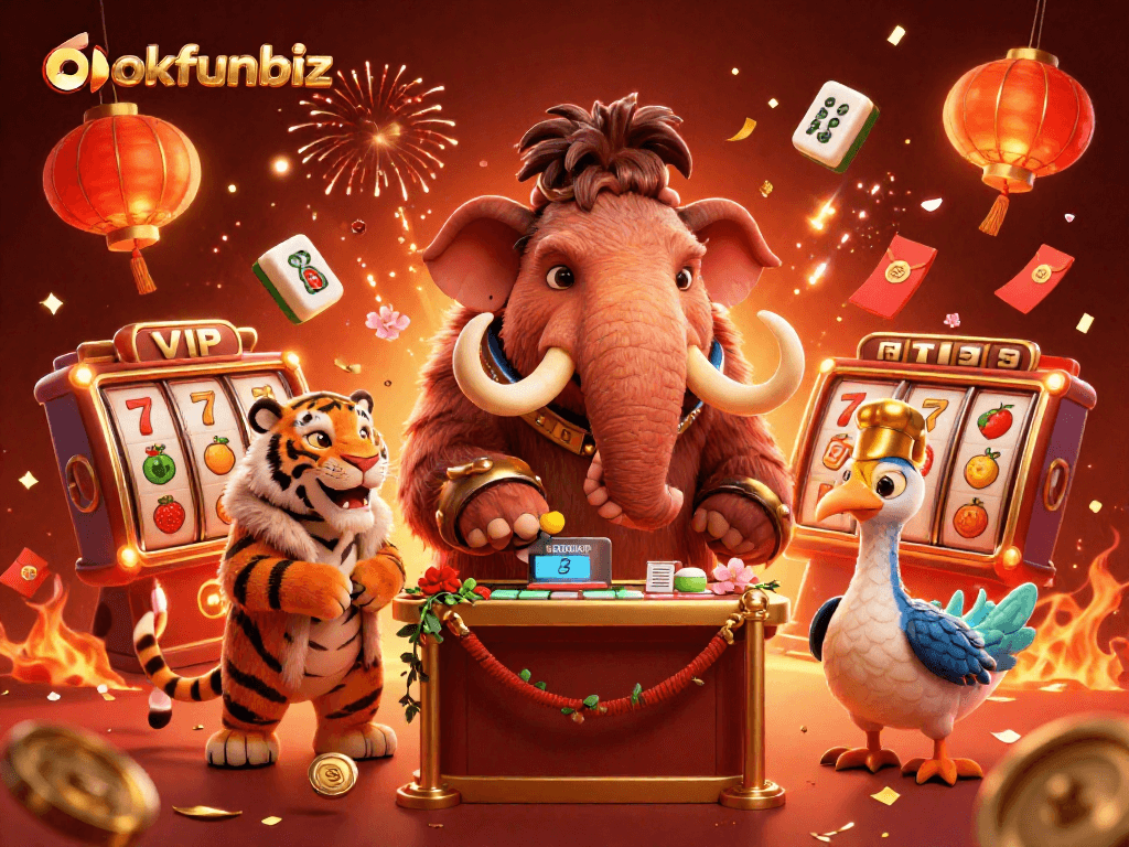 Experience the fun at okfunbiz with a vibrant 3D cartoon casino featuring unique characters.