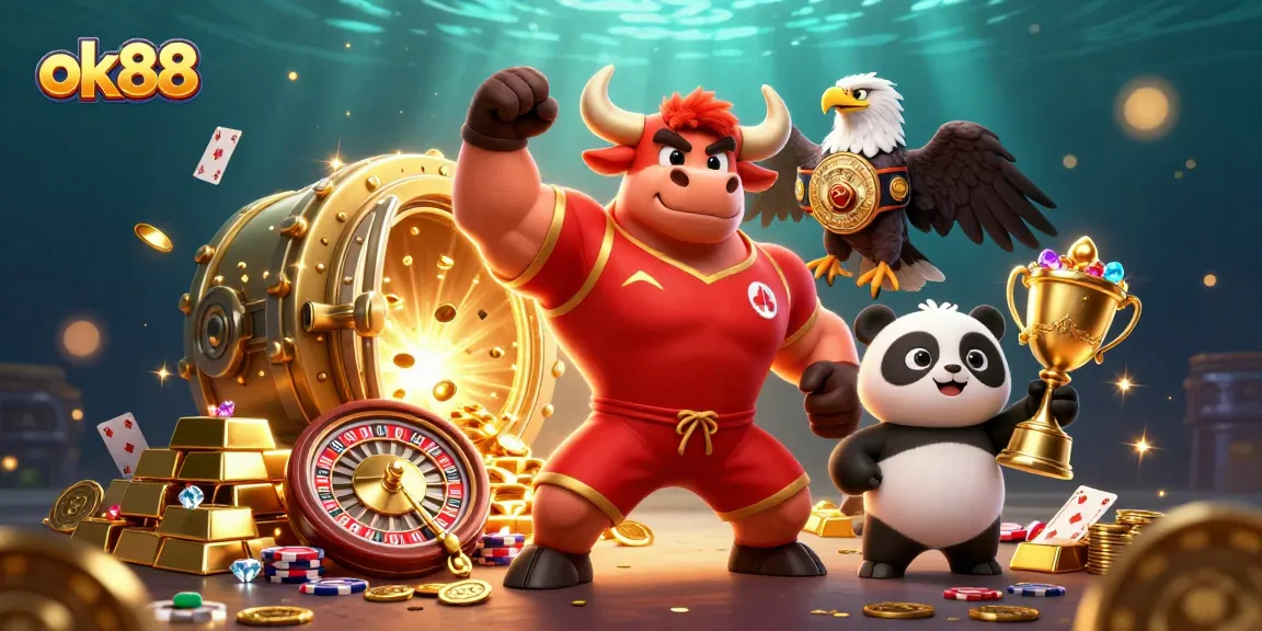 Join the excitement at ok88 as the bull mascot celebrates winnings at a vibrant poker table.