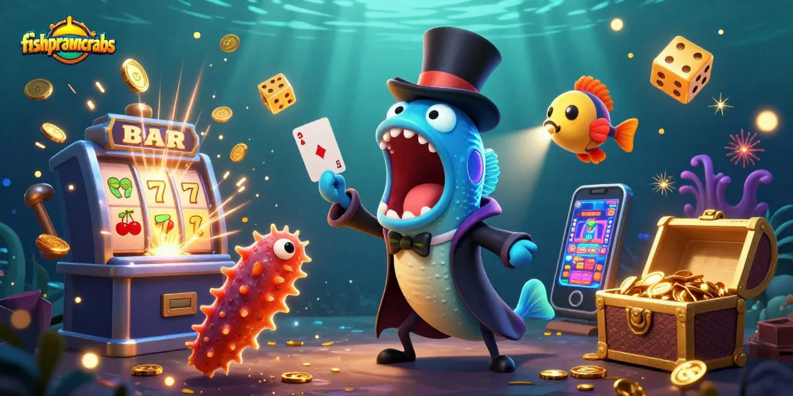 Fishprawncrabs casino scene with glowing eel magician and dynamic slot elements.