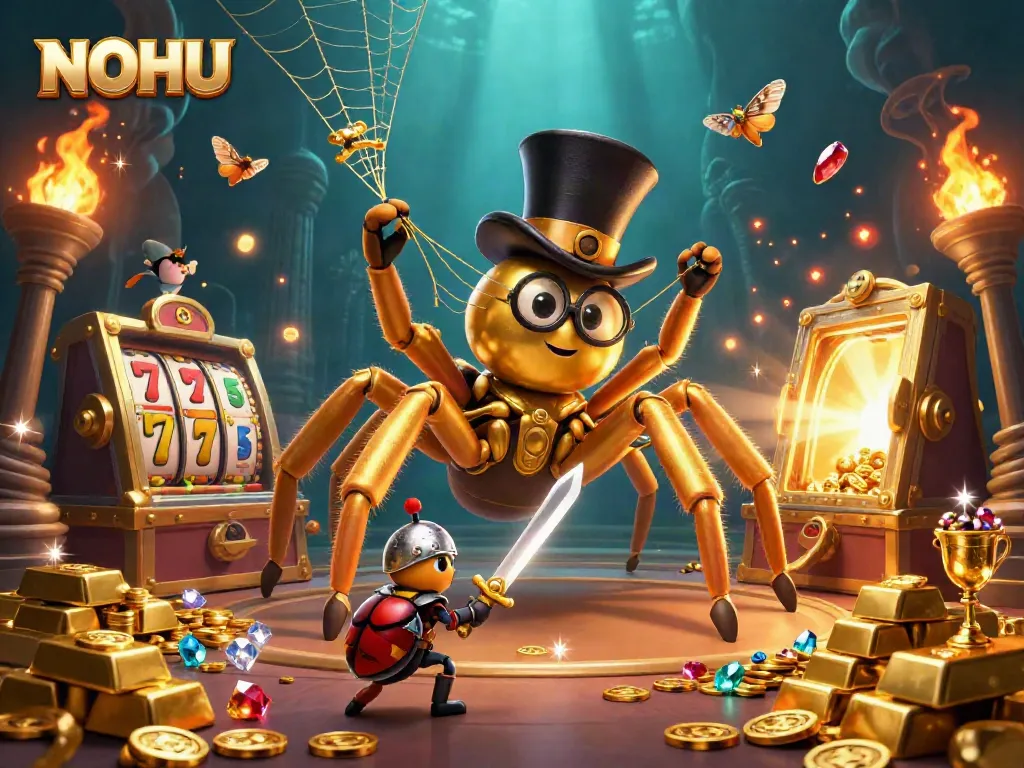 Engage with NOHU's vibrant casino scene featuring a golden tarantula and beetle knight amidst dazzling game elements.
