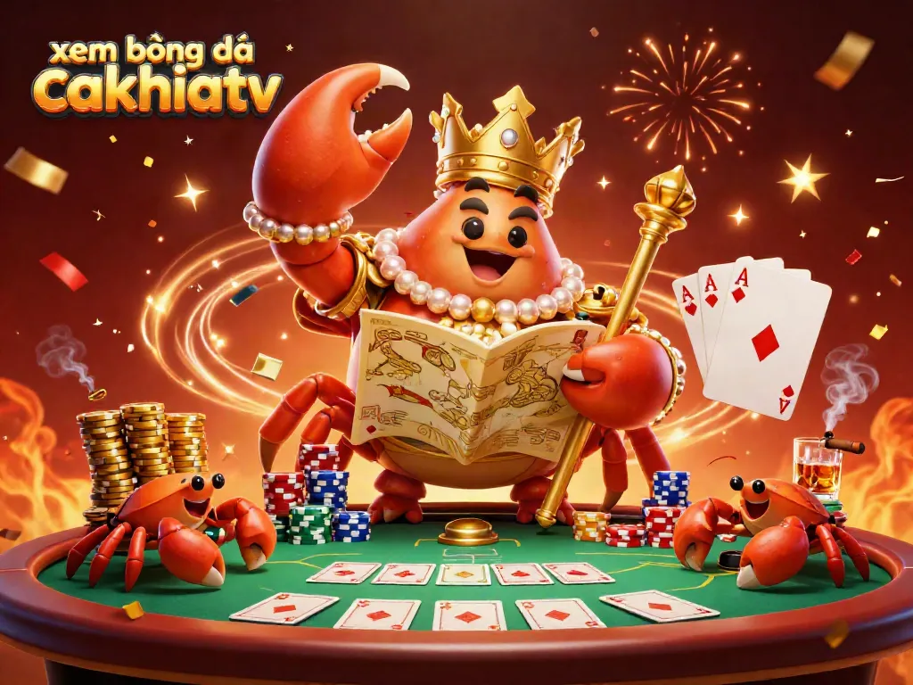 Experience xem bóng đá cakhiatv with the crab emperor, showcasing a vibrant casino scene of poker and excitement.