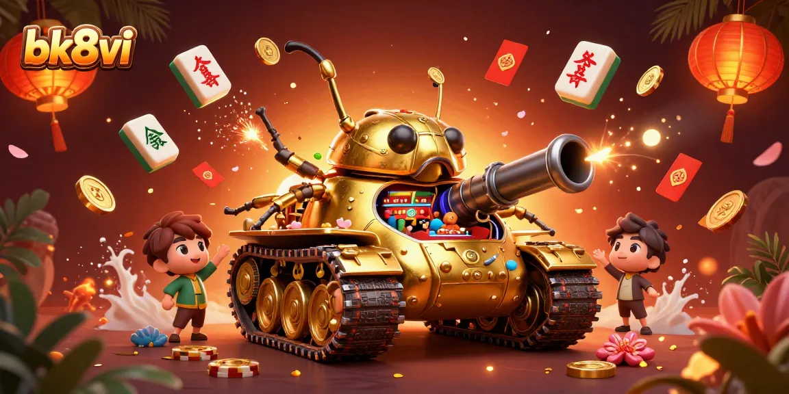 Engage in exciting gaming at bk8vi with a vibrant 3D casino illustration showcasing a golden beetle tank themed with fun casino elements.