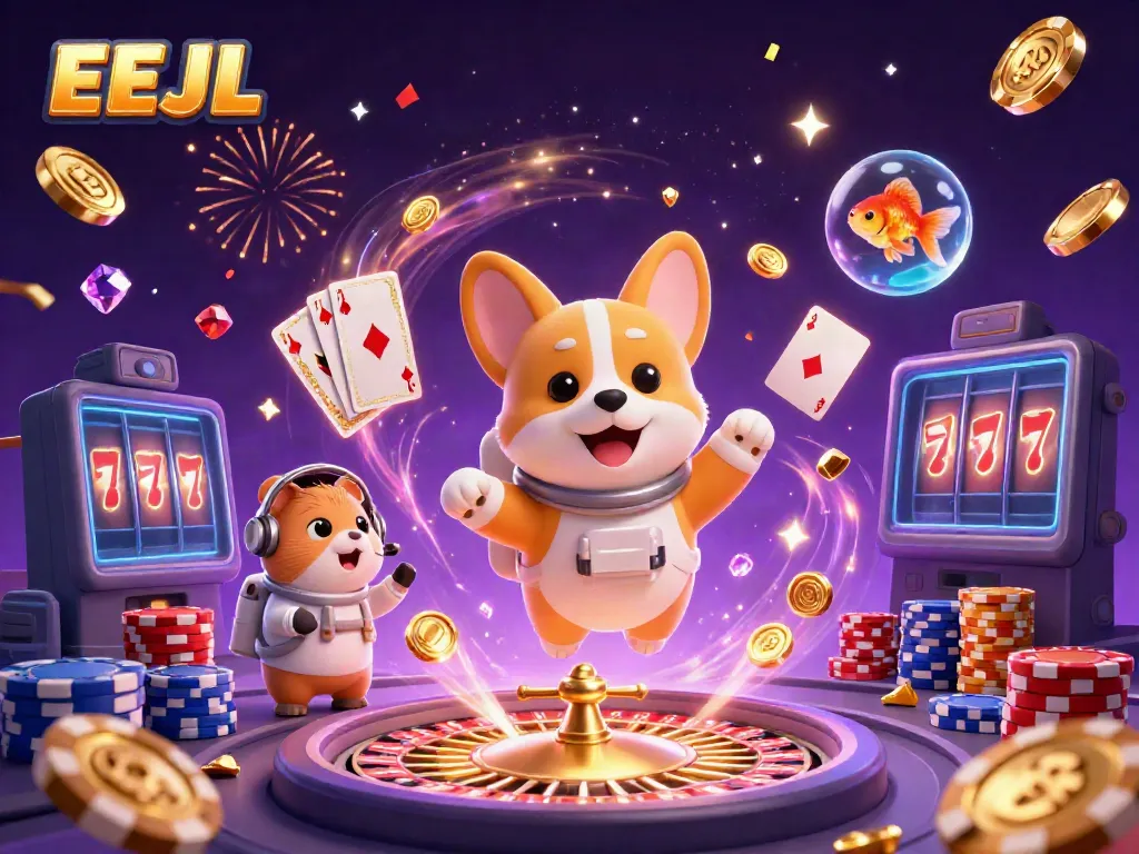 Watch the 3D astronaut corgi navigate the EEJL space casino, amidst spinning roulette wheels and floating poker chips.