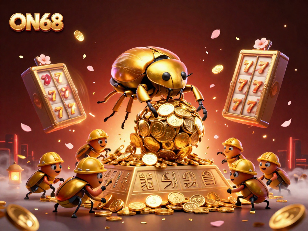 Experience rich gaming with ON68, featuring a golden dung beetle rolling coins in a vibrant casino scene.