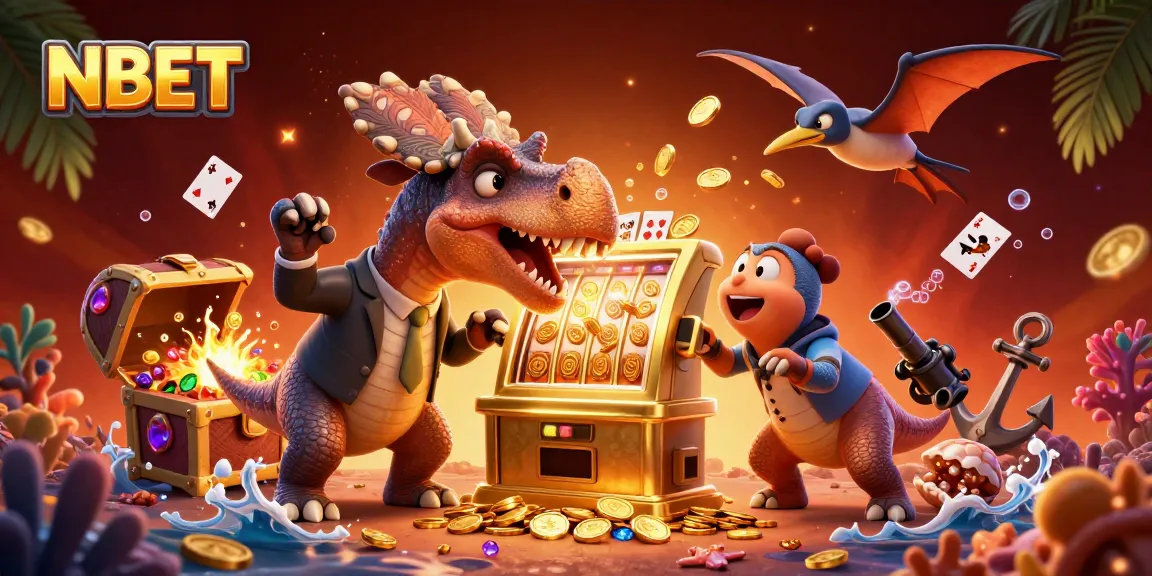NBET jackpot celebration with dinosaur characters interacting with a golden slot machine