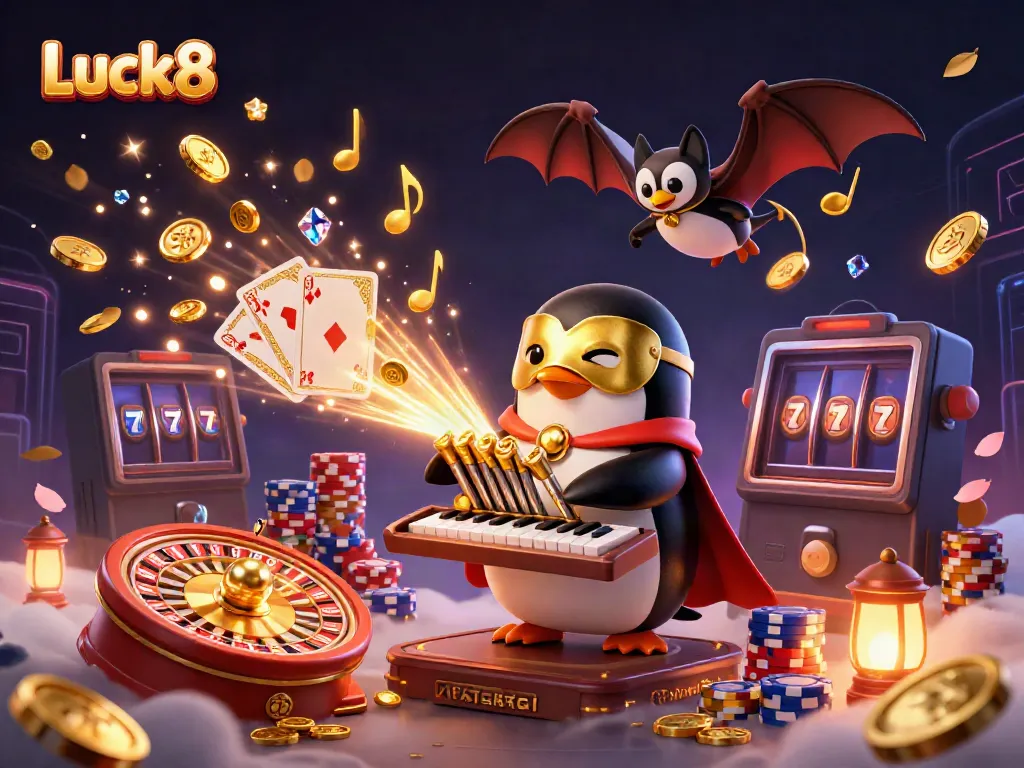 Luck8's engaging gaming scene shows a cartoon penguin playing an organ with golden coins flowing, surrounded by vibrant casino elements.