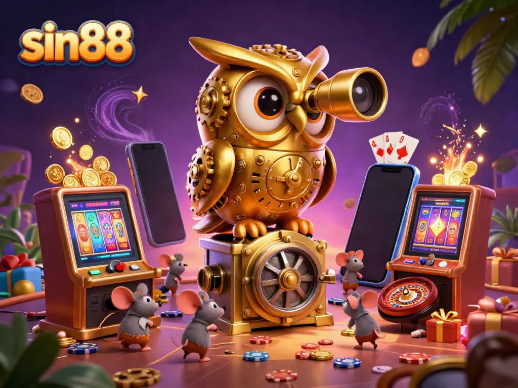 Satisfy your gaming dreams with sin88, where a golden owl monitors a bustling casino with thrilling games.