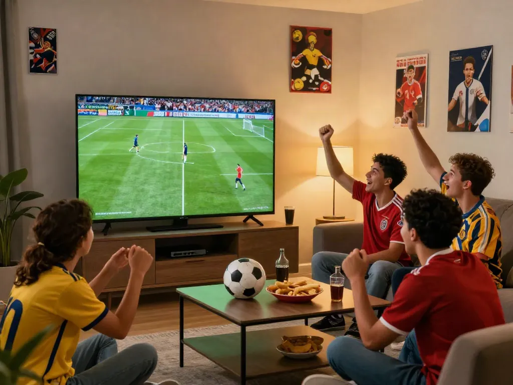 Soccer fans enjoying a live Gavangtv broadcast in a cozy living room