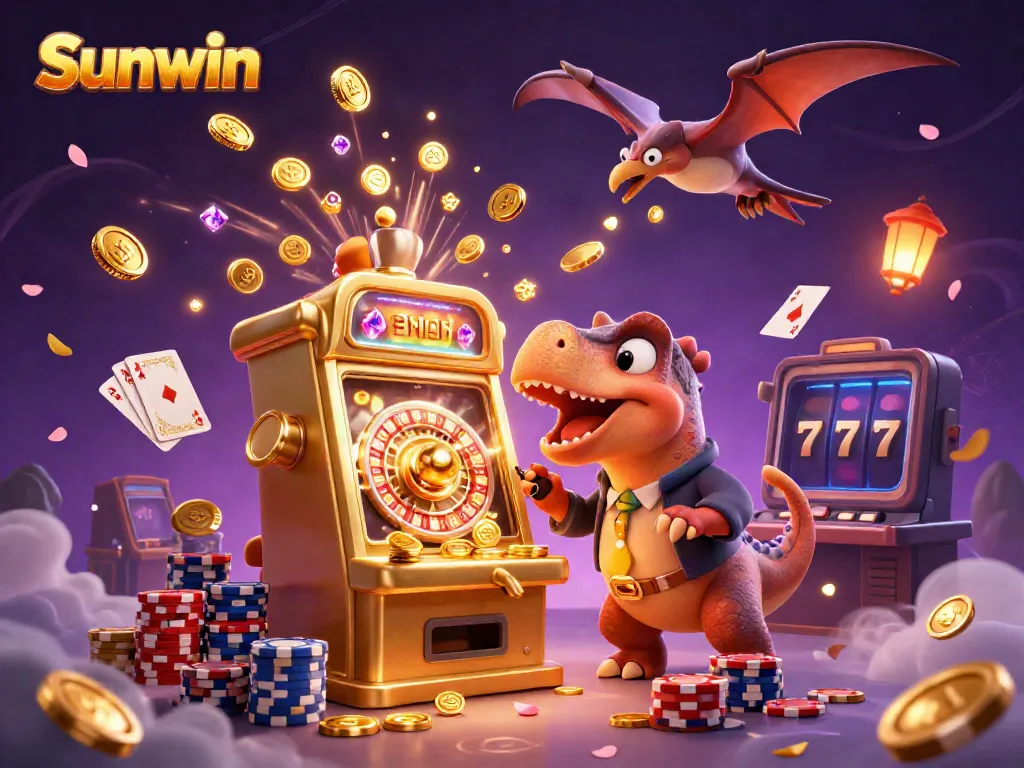 Experience the excitement of Sunwin as a pachycephalosaurus wins coins from a slot machine while a casino manager panics.