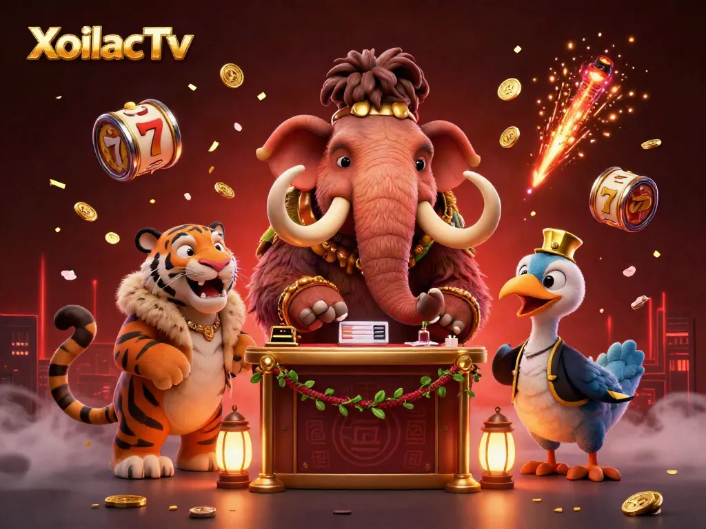 XoilacTv showcases a captivating 3D scene with cartoon characters representing a vibrant casino atmosphere during a check-in process.