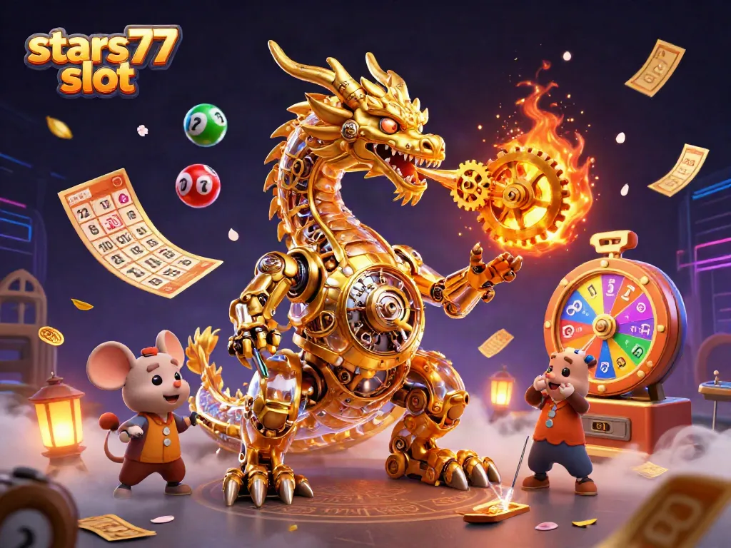 Menangkan jackpot pada permainan stars77 slot dengan naga mekanik dan bola lotere berwarna-warni yang memukau.