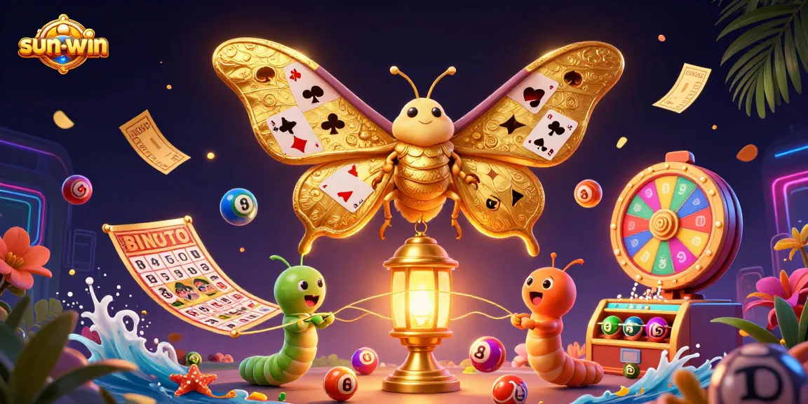 Engage with sun-win in a vibrant casino scene featuring a majestic moth and colorful lottery elements.