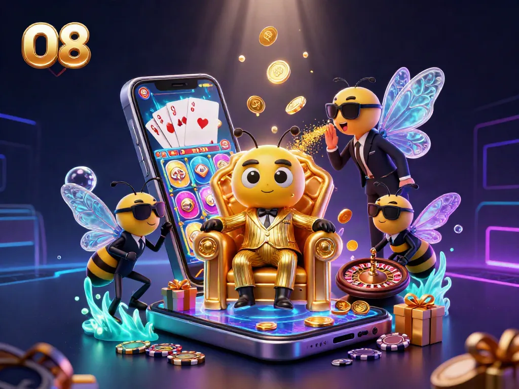 O8 captivates players with a vibrant 3D casino scene of bumblebee mob boss and game elements.