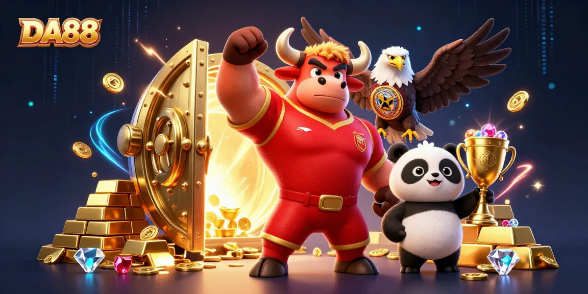 Experience thrilling wins with DA88, featuring a casino-themed 3D illustration with vibrant characters and gold accents.