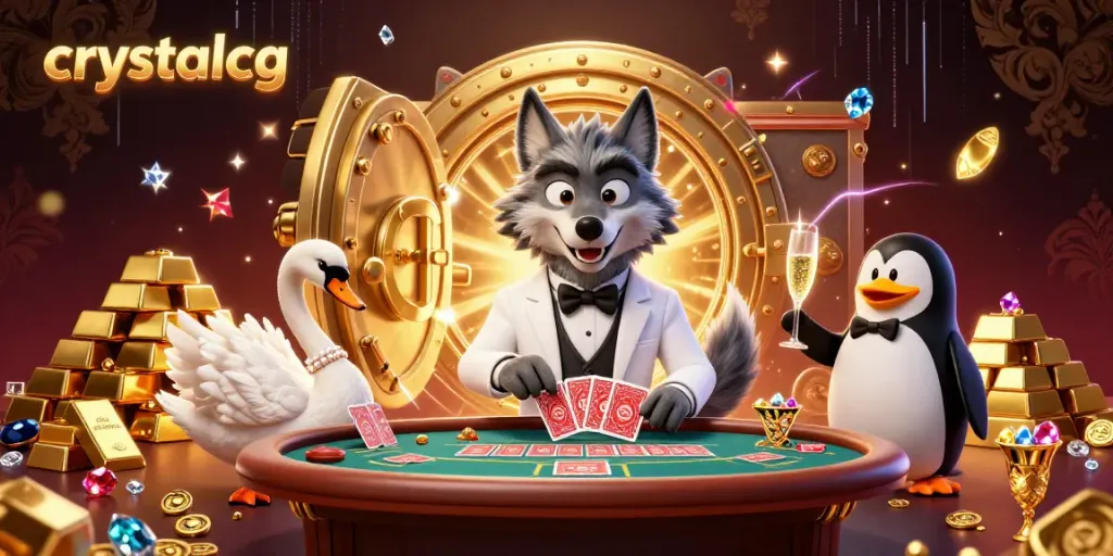 Experience the thrilling ambiance of crystalcg's online casino with vivid characters playing baccarat and celebrating wins.