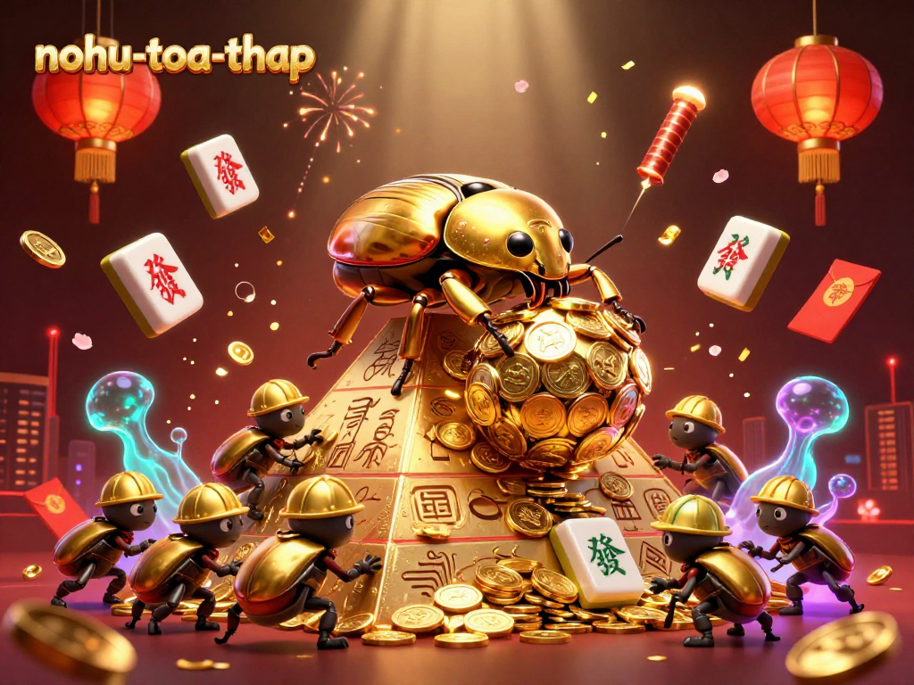 Experience the thrill of nohu-toa-thap with a golden dung beetle and vibrant casino elements.