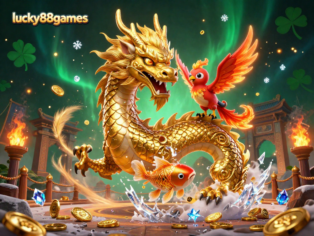 Join the excitement of lucky88games with a fierce dragon and phoenix soaring among vibrant casino elements in a stunning setting.