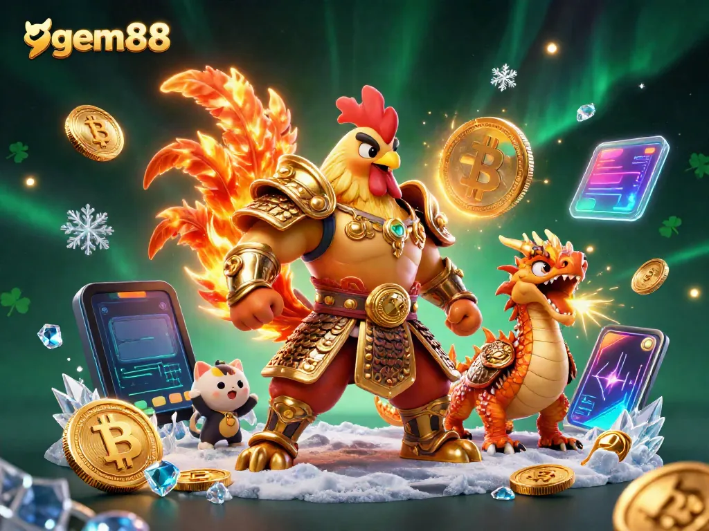 Experience the vibrant world of gem88 with a dynamic 3D illustration featuring a powerful rooster warrior, an armored dragon, and a cheerful fortune cat among crypto elements.
