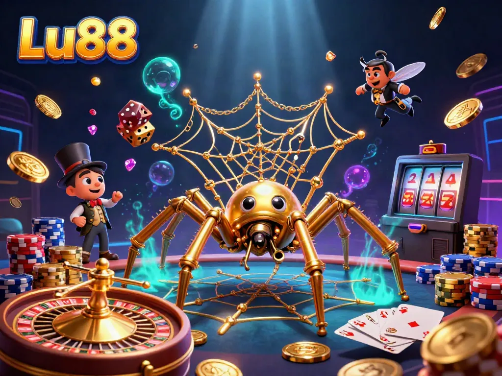 Engage with Lu88's thrilling gameplay, featuring a steampunk spider and gentleman surrounded by casino treasures.