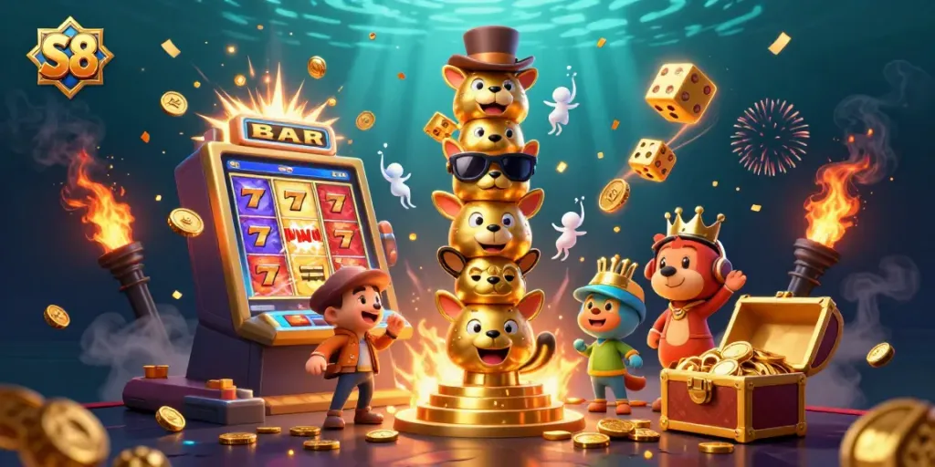 S8 themed jackpot illustration with a vibrant golden totem pole, slot machine, and casino game elements creating an exciting atmosphere.